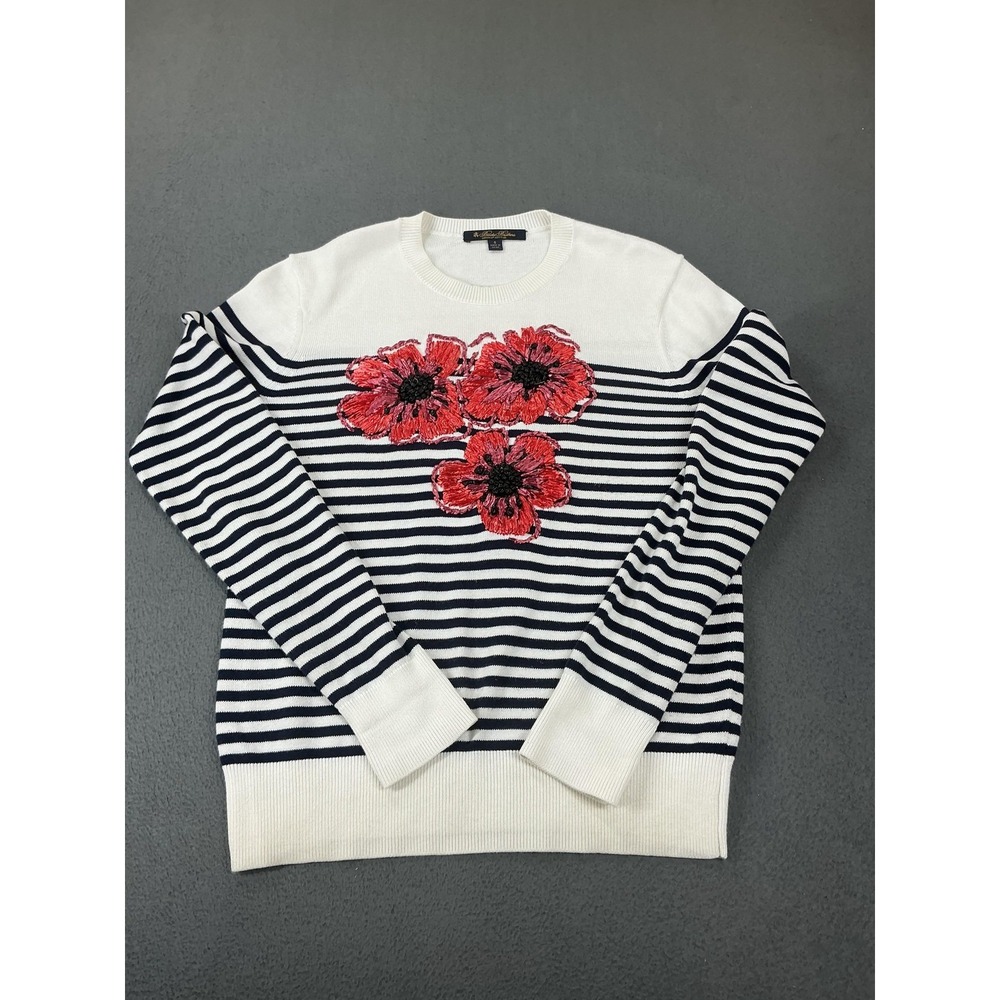 Brooks Brothers Sweater Womens S White Striped Embroidered Floral Pullover